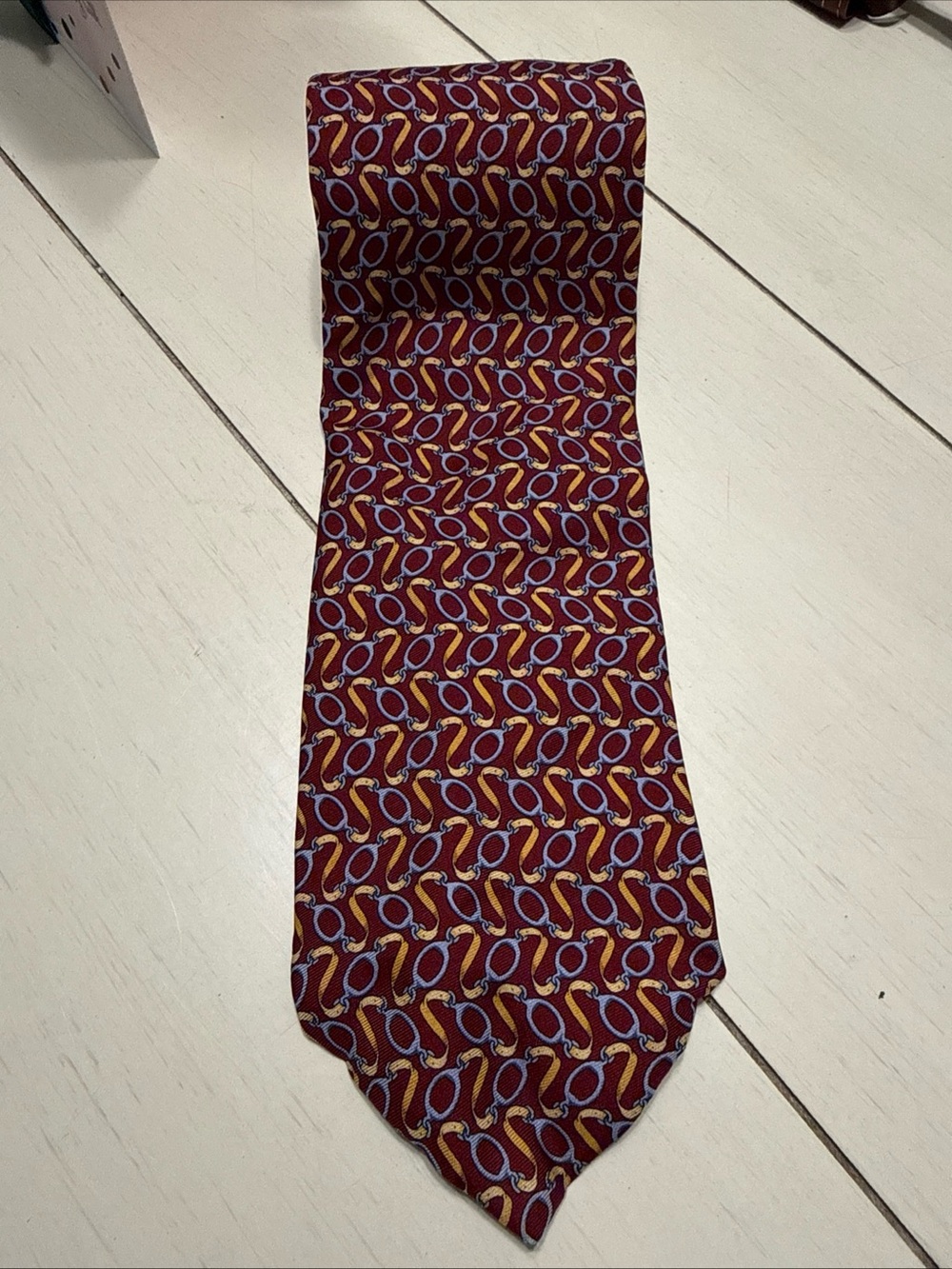 Brooks Burgundy Silk Tie with Yellow and Blue Loop Motif